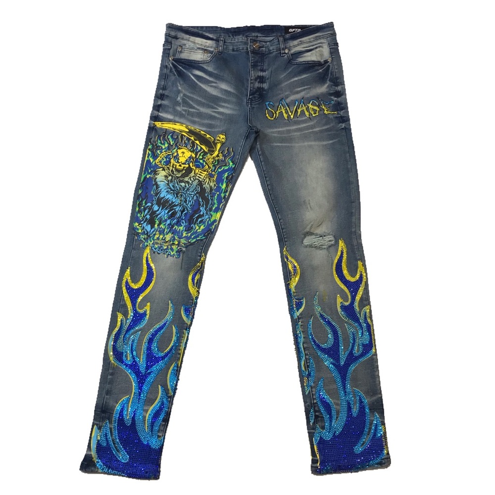 Men’s Gftd LA “Blue Flames” jeans. Size 38.